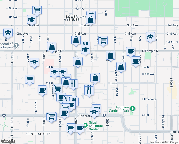 map of restaurants, bars, coffee shops, grocery stores, and more near 110 M Street in Salt Lake City