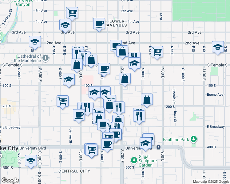 map of restaurants, bars, coffee shops, grocery stores, and more near 680 East 100 South in Salt Lake City