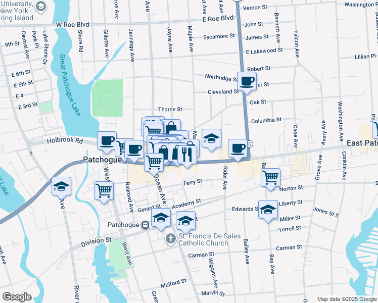 map of restaurants, bars, coffee shops, grocery stores, and more near 26 Maple Avenue in Patchogue