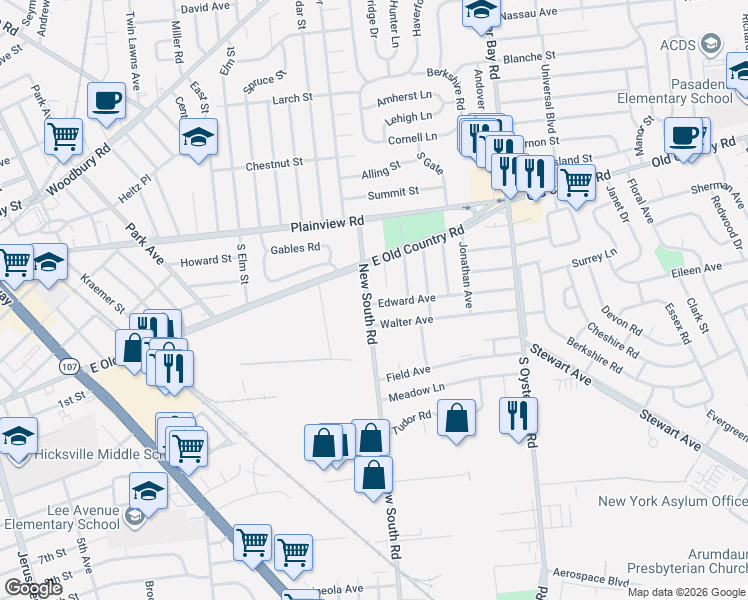 map of restaurants, bars, coffee shops, grocery stores, and more near 53 New South Road in Hicksville