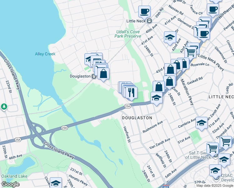map of restaurants, bars, coffee shops, grocery stores, and more near 43-25 Douglaston Parkway in Queens