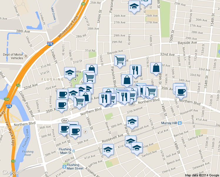 map of restaurants, bars, coffee shops, grocery stores, and more near Parsons Boulevard in Queens
