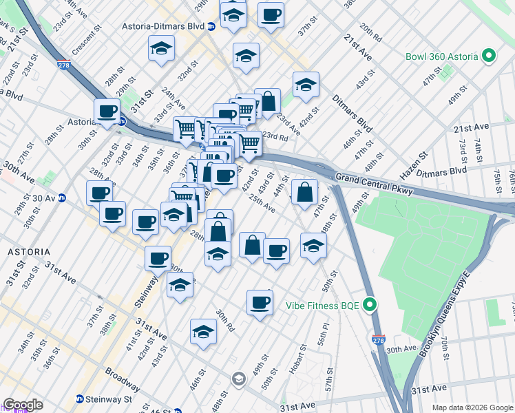 map of restaurants, bars, coffee shops, grocery stores, and more near 42-15 25th Avenue in Queens