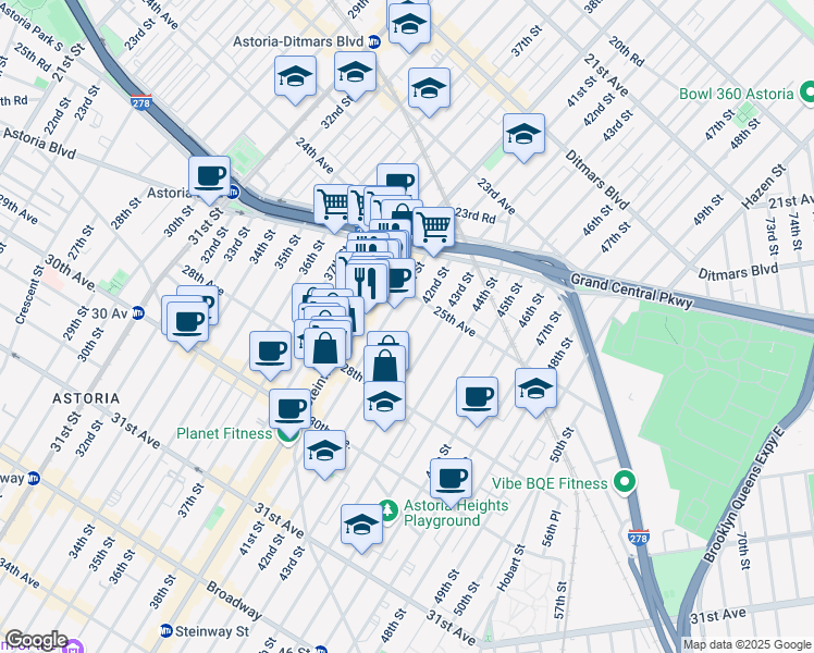 map of restaurants, bars, coffee shops, grocery stores, and more near 25-23 41st Street in Queens