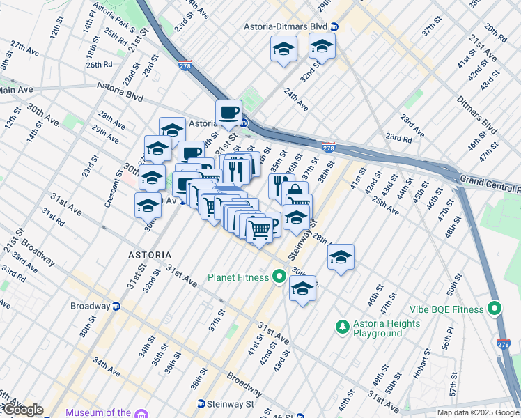 map of restaurants, bars, coffee shops, grocery stores, and more near 28-8 35th Street in Queens
