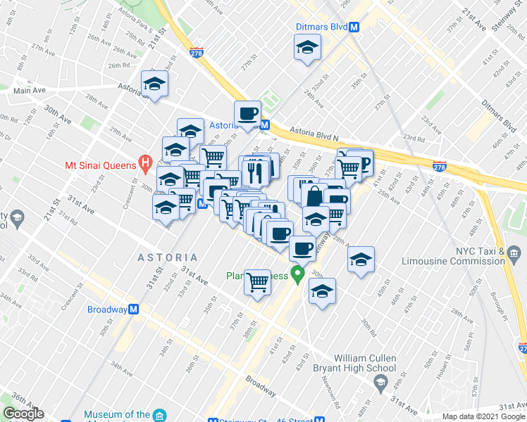 map of restaurants, bars, coffee shops, grocery stores, and more near 28-8 35th Street in Queens