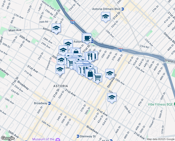 map of restaurants, bars, coffee shops, grocery stores, and more near 28-19 33rd Street in Queens