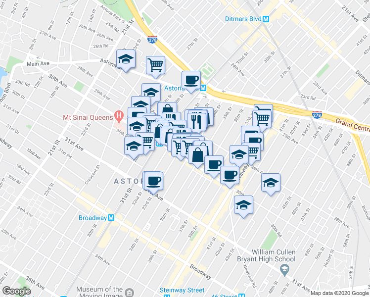 map of restaurants, bars, coffee shops, grocery stores, and more near 28-19 33rd Street in Queens
