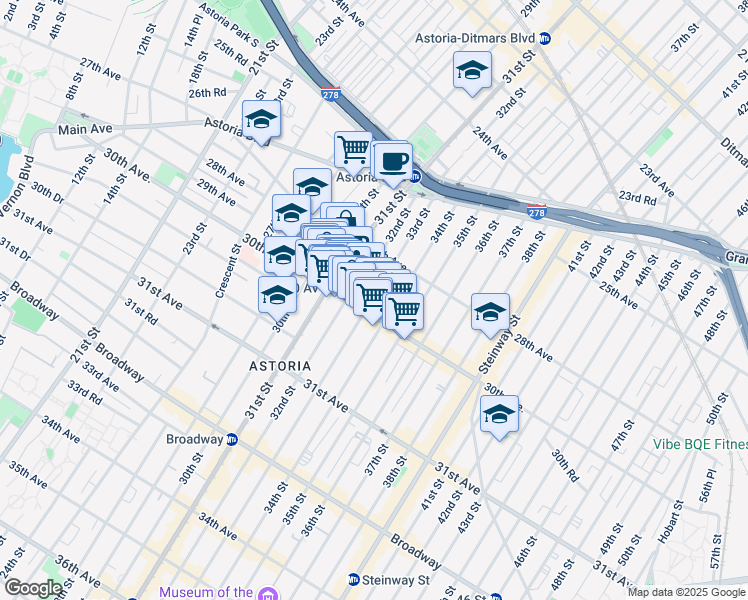 map of restaurants, bars, coffee shops, grocery stores, and more near 31-23 Newtown Avenue in Queens