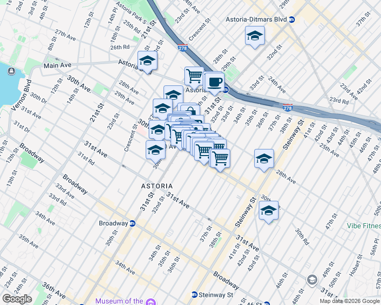map of restaurants, bars, coffee shops, grocery stores, and more near 31-23 Newtown Avenue in Queens