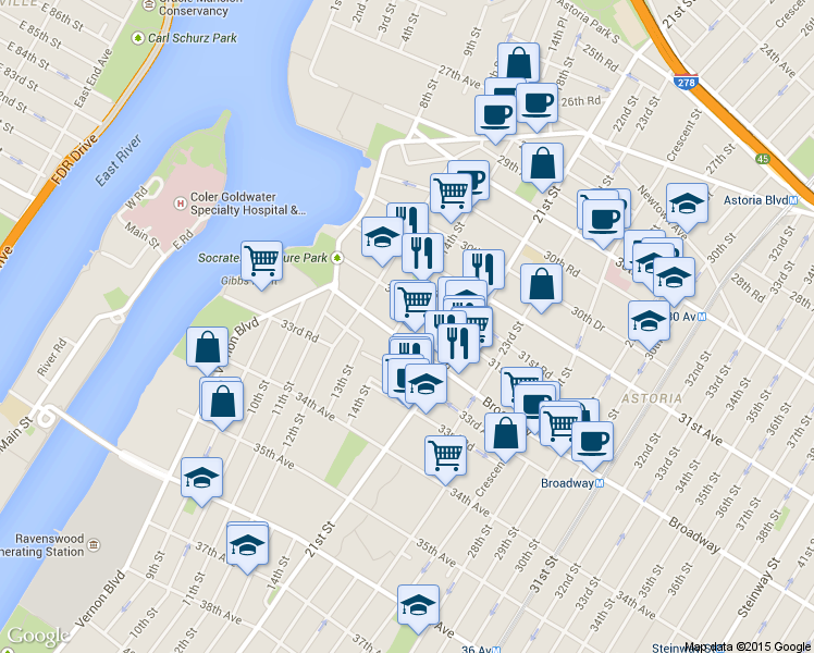 map of restaurants, bars, coffee shops, grocery stores, and more near 31-50 14th Street in Queens