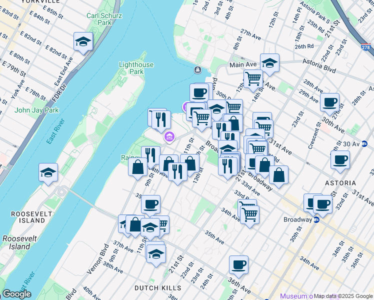 map of restaurants, bars, coffee shops, grocery stores, and more near 3202 Vernon Boulevard in Queens