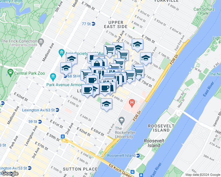 map of restaurants, bars, coffee shops, grocery stores, and more near 333 East 70th Street in New York