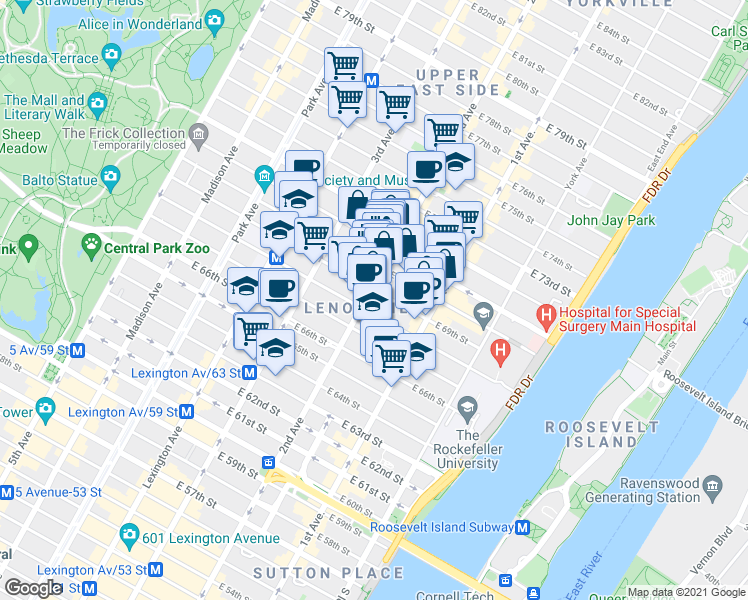 map of restaurants, bars, coffee shops, grocery stores, and more near 310 East 70th Street in New York