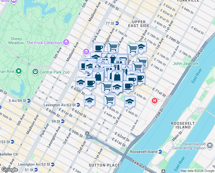 map of restaurants, bars, coffee shops, grocery stores, and more near 215 East 68th Street in New York