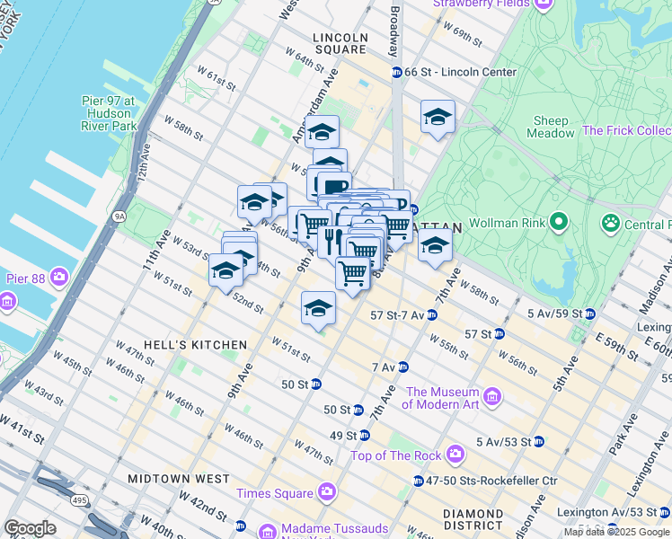map of restaurants, bars, coffee shops, grocery stores, and more near 330 West 55th Street in New York