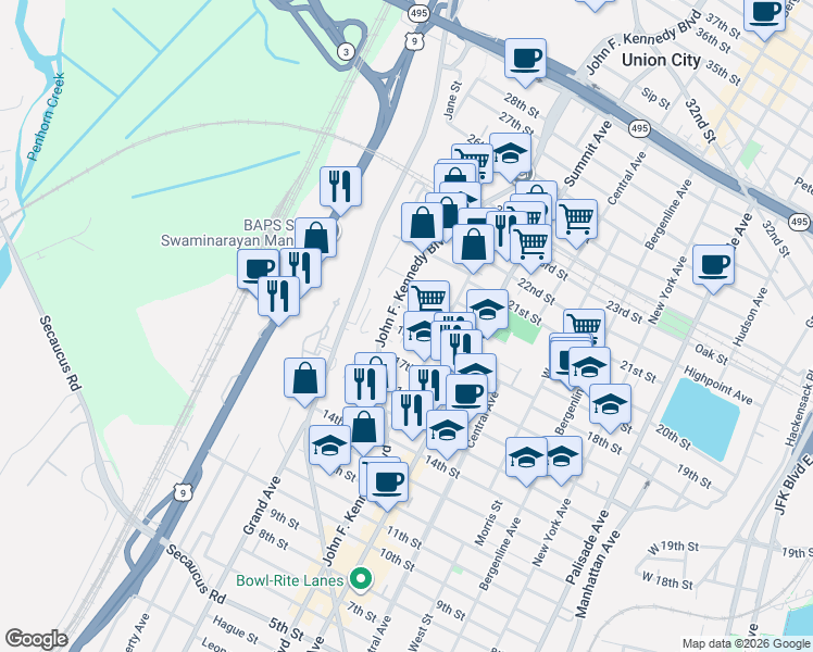 map of restaurants, bars, coffee shops, grocery stores, and more near 1814 John F. Kennedy Boulevard in Union City