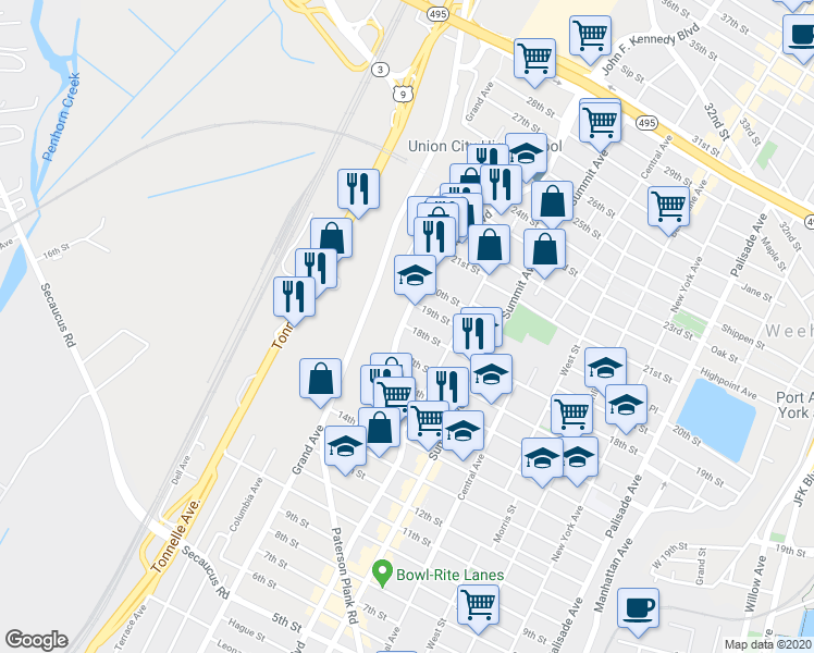 map of restaurants, bars, coffee shops, grocery stores, and more near 1814 John F. Kennedy Boulevard in Union City