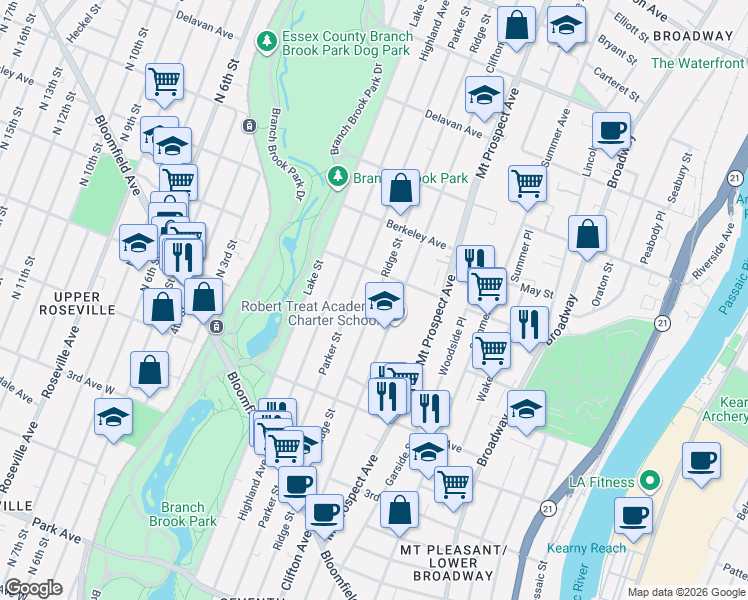 map of restaurants, bars, coffee shops, grocery stores, and more near 401-405 Parker Street in Newark
