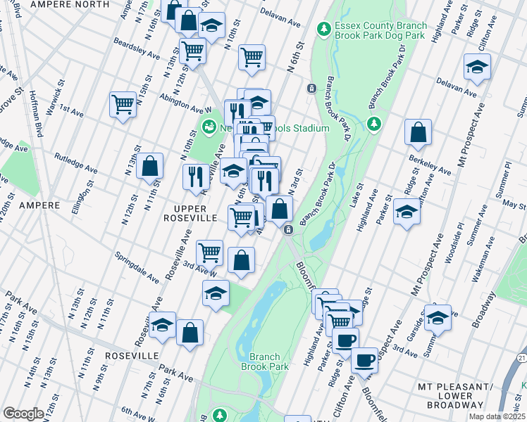 map of restaurants, bars, coffee shops, grocery stores, and more near 346 Bloomfield Avenue in Newark