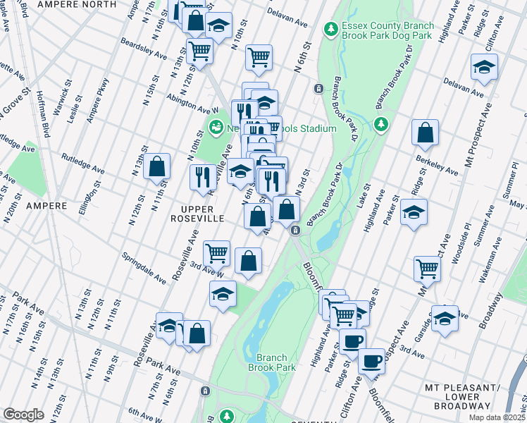 map of restaurants, bars, coffee shops, grocery stores, and more near 346 Bloomfield Avenue in Newark
