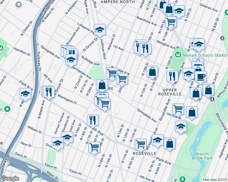 map of restaurants, bars, coffee shops, grocery stores, and more near 28 Ellington Street in East Orange