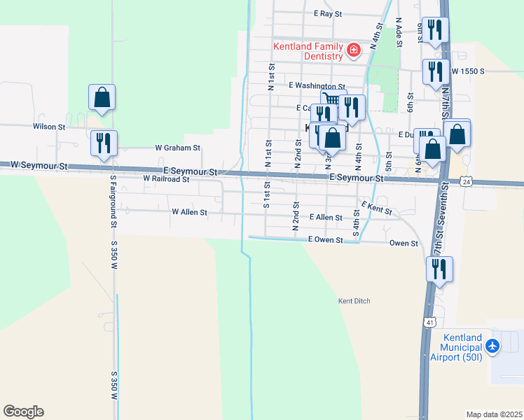 map of restaurants, bars, coffee shops, grocery stores, and more near 105 W Goss St in Kentland