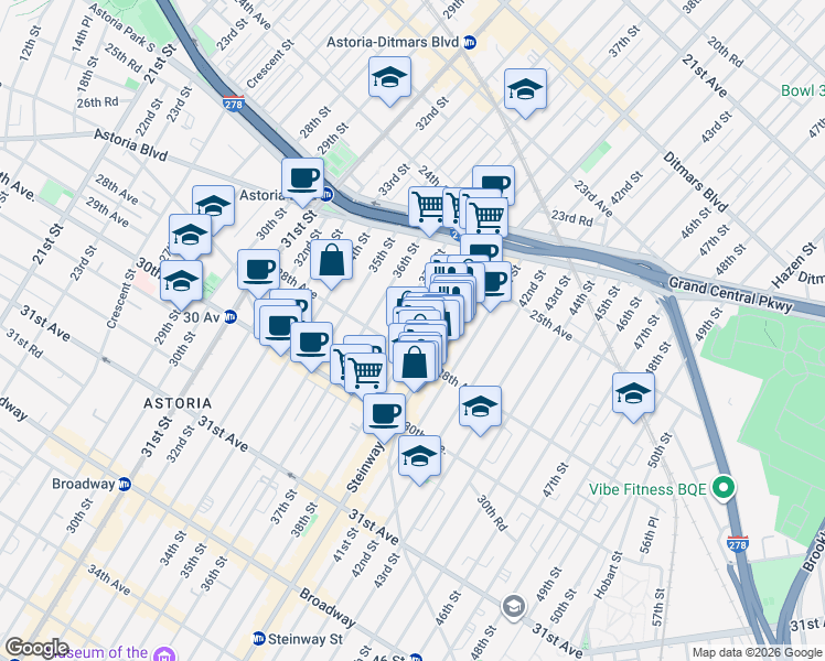 map of restaurants, bars, coffee shops, grocery stores, and more near 25-72 Steinway Street in Queens