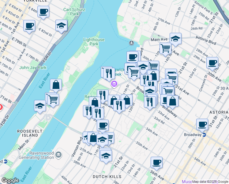 map of restaurants, bars, coffee shops, grocery stores, and more near 9-19 33rd Road in Queens