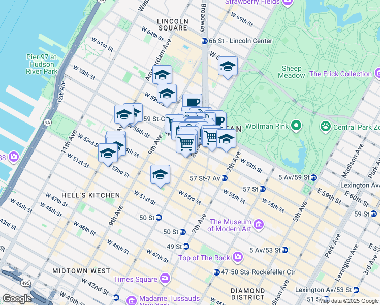 map of restaurants, bars, coffee shops, grocery stores, and more near 300 West 57th Street in New York