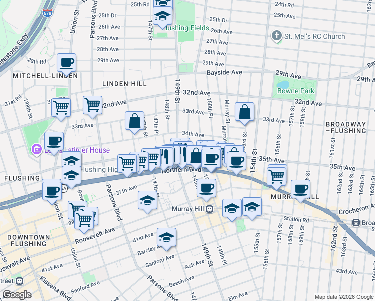 map of restaurants, bars, coffee shops, grocery stores, and more near 149-43 35th Avenue in Queens