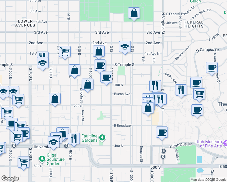 map of restaurants, bars, coffee shops, grocery stores, and more near 115 South 1100 East in Salt Lake City