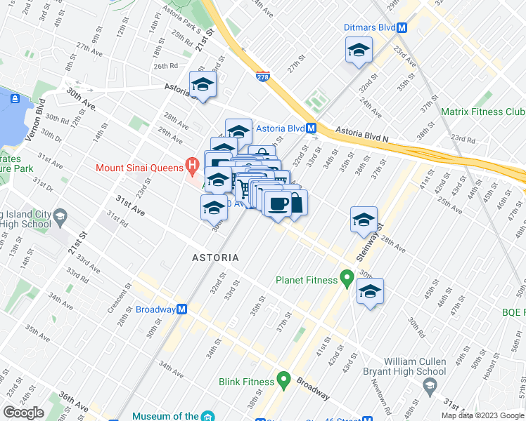 map of restaurants, bars, coffee shops, grocery stores, and more near 30th Ave & 32nd St in Queens