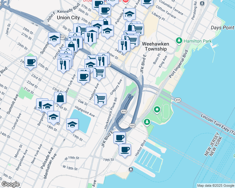 map of restaurants, bars, coffee shops, grocery stores, and more near in Weehawken