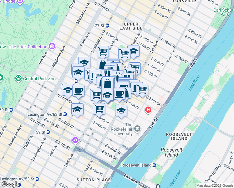 map of restaurants, bars, coffee shops, grocery stores, and more near 321 East 69th Street in New York