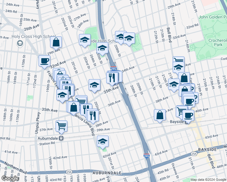 map of restaurants, bars, coffee shops, grocery stores, and more near 35-7 205th Street in Queens