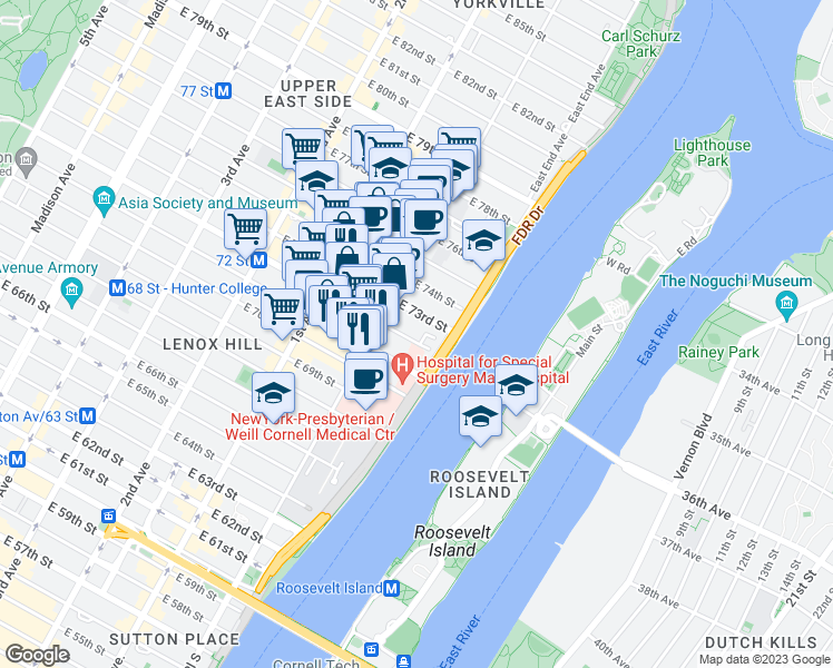 map of restaurants, bars, coffee shops, grocery stores, and more near 502 East 73rd Street in New York