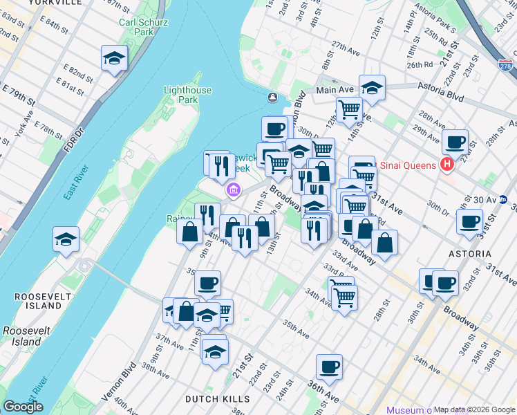 map of restaurants, bars, coffee shops, grocery stores, and more near 3202 Vernon Boulevard in Queens