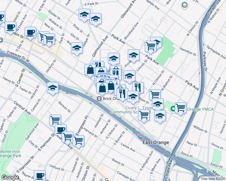 map of restaurants, bars, coffee shops, grocery stores, and more near 520 Main Street in East Orange