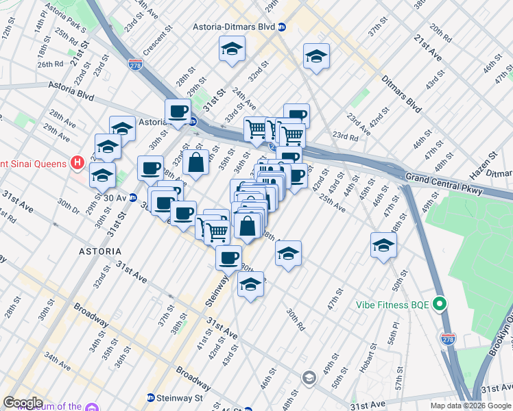 map of restaurants, bars, coffee shops, grocery stores, and more near 25-69 38th Street in Queens