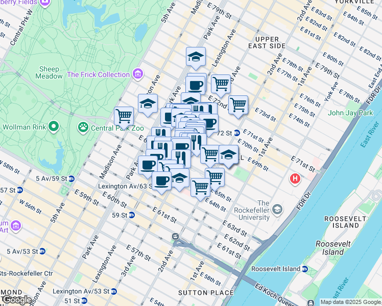 map of restaurants, bars, coffee shops, grocery stores, and more near 200 East 67th Street in New York