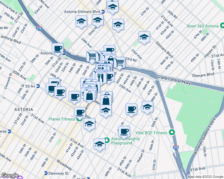 map of restaurants, bars, coffee shops, grocery stores, and more near 25-23 41st Street in Queens
