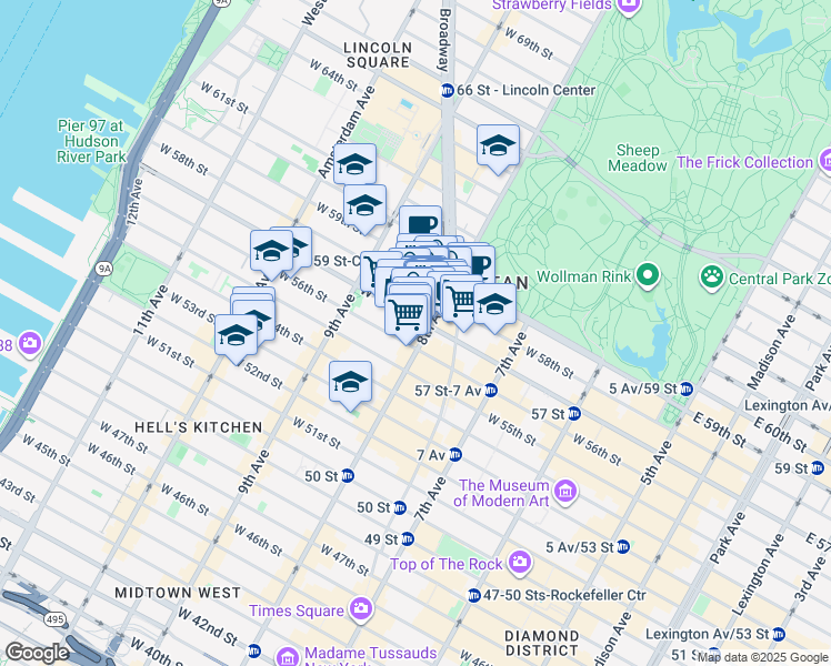 map of restaurants, bars, coffee shops, grocery stores, and more near 959 8th Avenue in New York