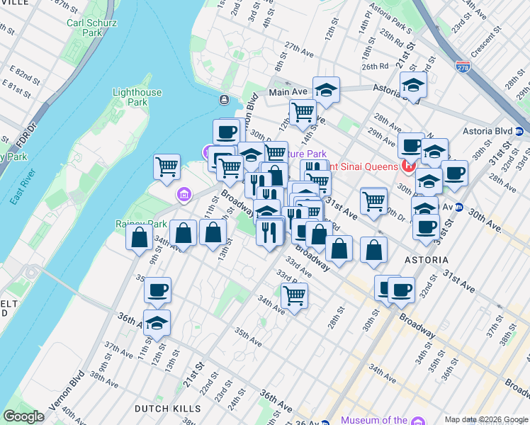map of restaurants, bars, coffee shops, grocery stores, and more near 31-57 14th Street in Queens