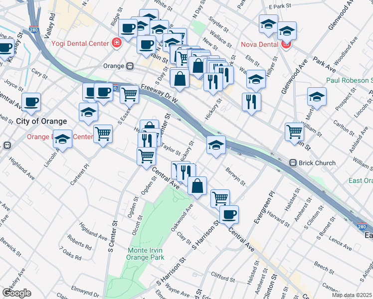 map of restaurants, bars, coffee shops, grocery stores, and more near 152 Pierson Street in City of Orange