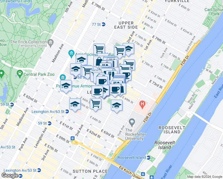 map of restaurants, bars, coffee shops, grocery stores, and more near 345 East 69th Street in New York