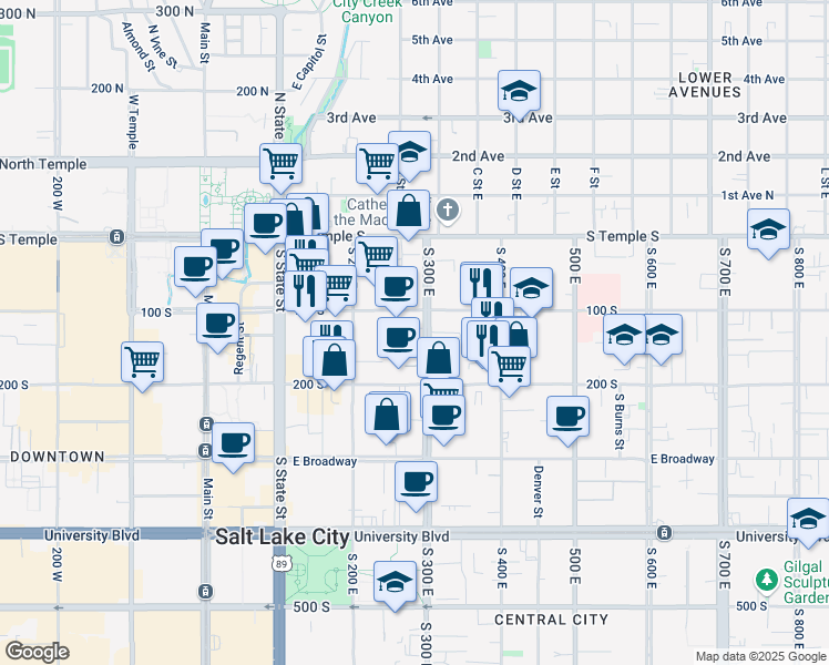 map of restaurants, bars, coffee shops, grocery stores, and more near 120 300 East in Salt Lake City