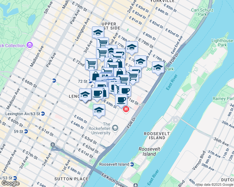 map of restaurants, bars, coffee shops, grocery stores, and more near 407 East 71st Street in New York