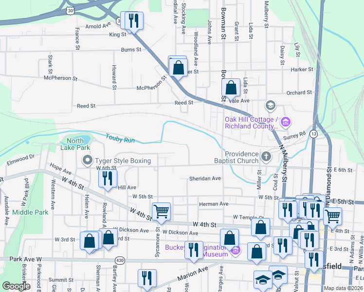 map of restaurants, bars, coffee shops, grocery stores, and more near Richland B & O Trail in Mansfield