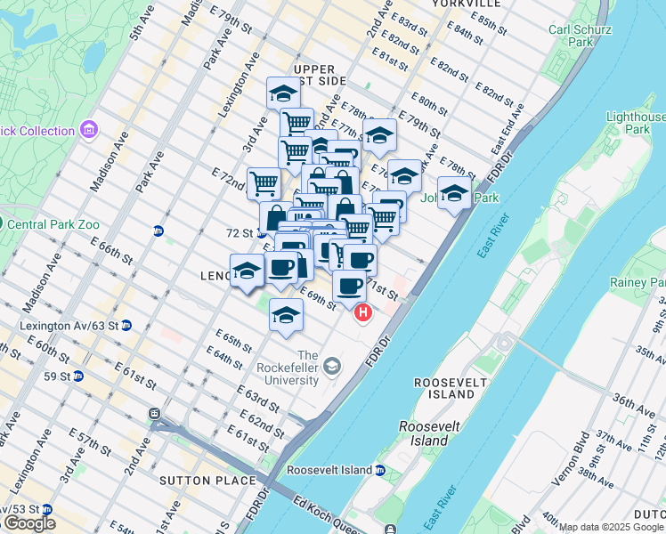 map of restaurants, bars, coffee shops, grocery stores, and more near 416 East 71st Street in New York